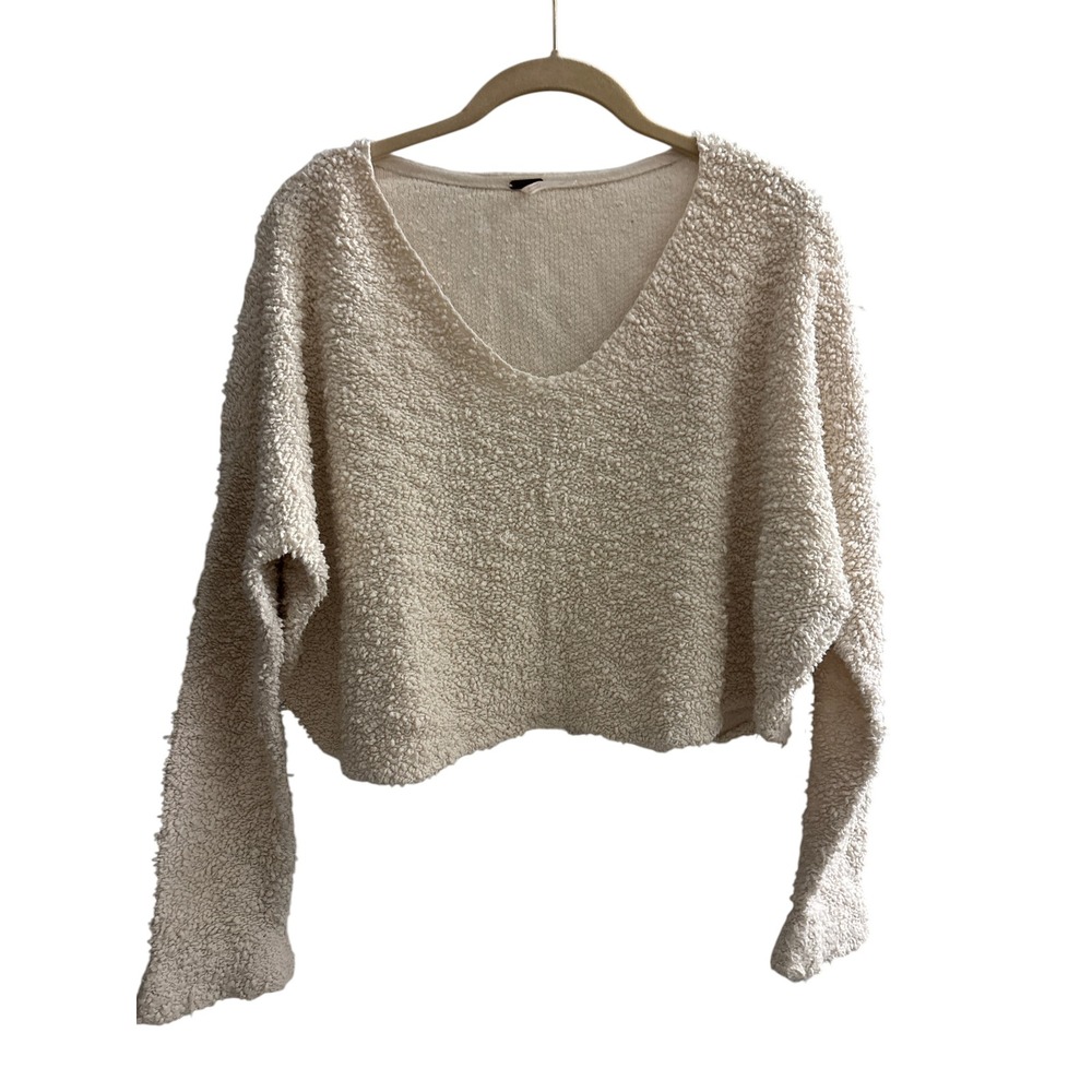Free People Cream Boucle Knit V-Neck Cropped Sweater XS Slouchy Boho